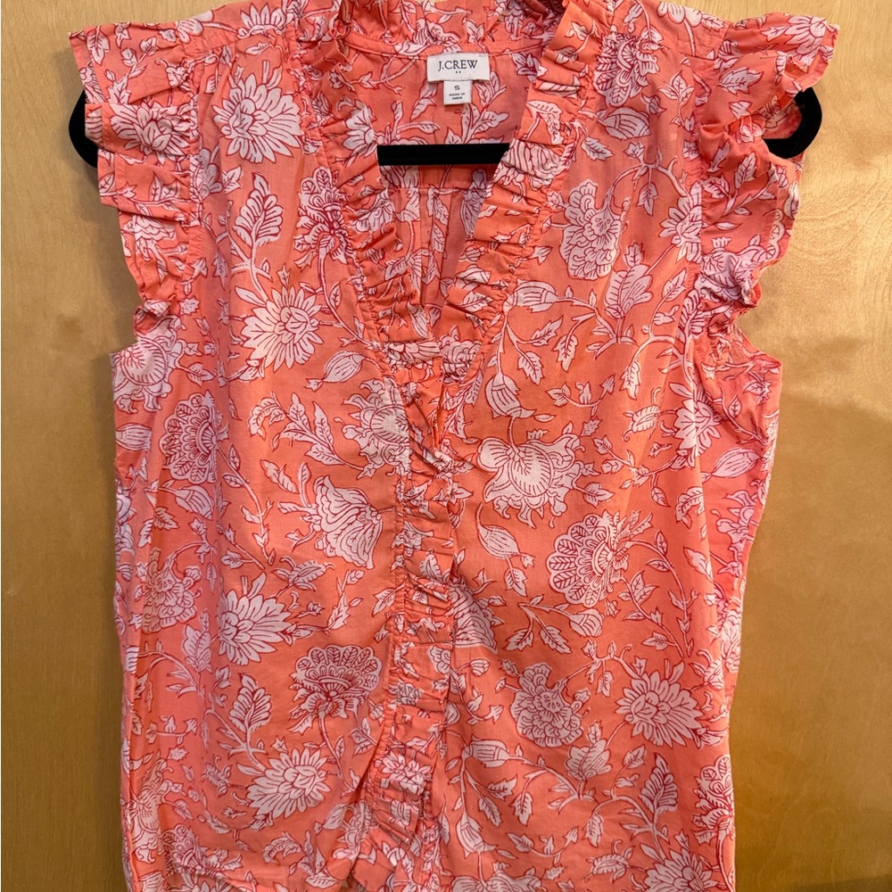 J. Crew Coral Floral Ruffle Blouse Small